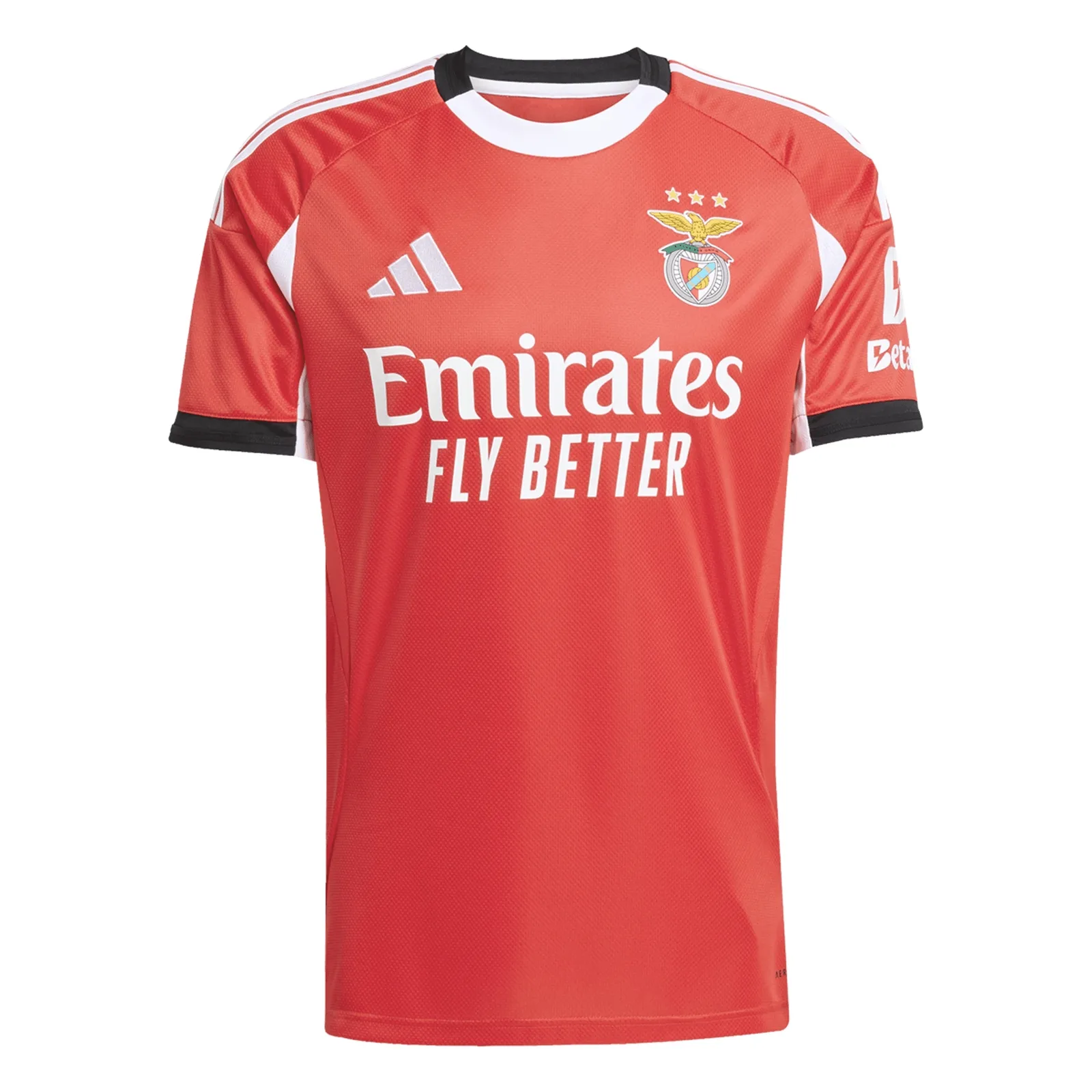 Benfica thuisshirt 2025/26 — klassiek rood met wit-zwarte kraag en witte adidas-schouderstrepen, productcode JD1403