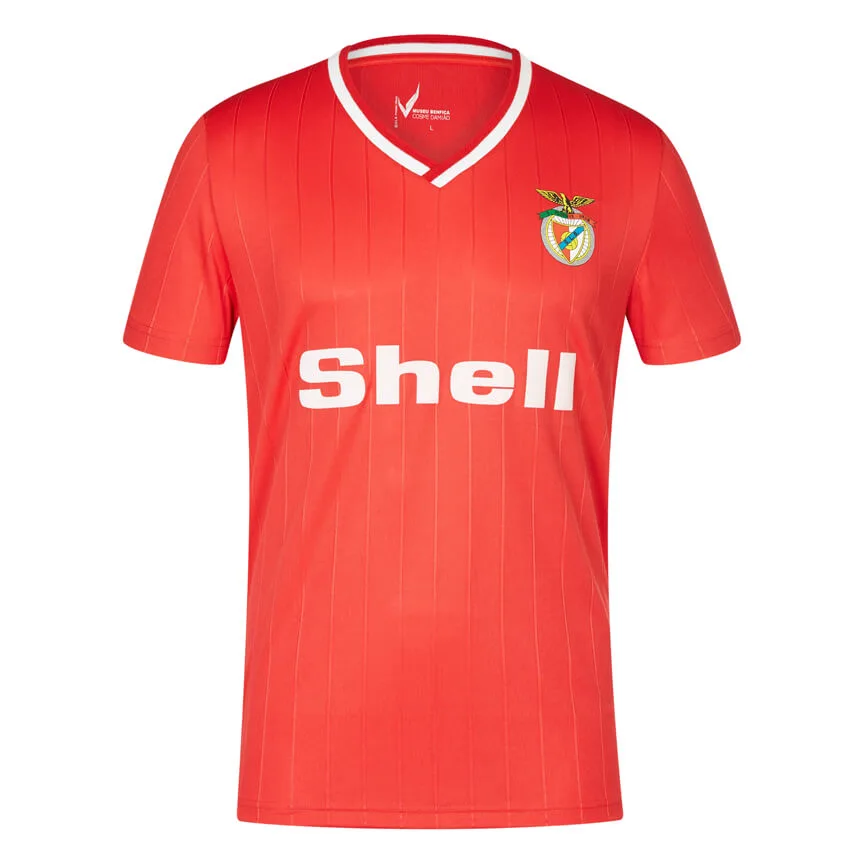 SL Benfica Shell-tijdperk 1984-1987 — toont chronologie van Europese successen en Shell-shirts
